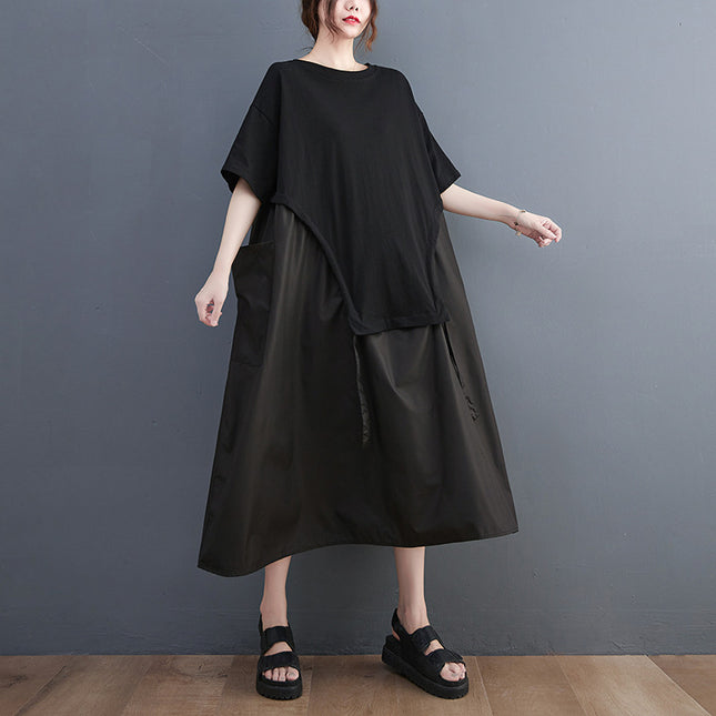 Loose Round Neck T-shirt Stitching Drawstring Large Pocket Mid-length Dress