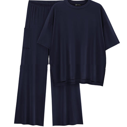 Casual Short Sleeve Pullover Top Wide Leg Pants Casual Suit