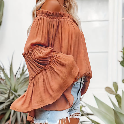 Women'S One Shoulder Elegant And Fashionable Solid Color Off Shoulder Flared Sleeve Shirt For Vacation And Casual Wear