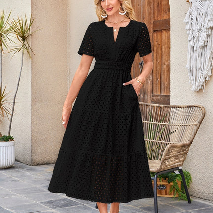 V-neck Hollow Pleated Short Sleeves Long Dress