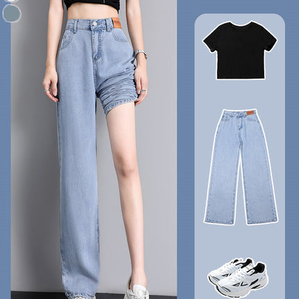 High Waist Jeans Women Summer Straight Leg Tencel Small Wide Leg Pants Ice Silk Women Pants