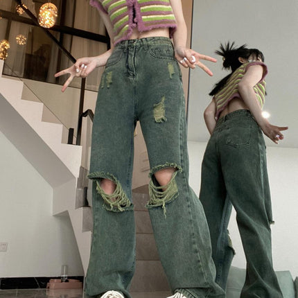 American Dark Green Torn Jeans With Wide Leg Pants For Women