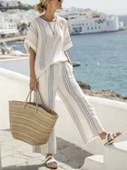 Summer Striped Suits Loose Batwing Sleeve T-shirt And Solid Straight-leg Pants