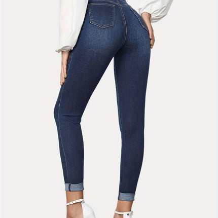 Contrast Color Slim Fit Stretch Rolled Hem Cropped Jeans