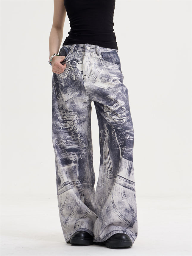 American Style Retro Washed Distressed Printed Gradient Jeans Women's Loose Straight