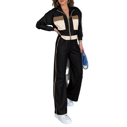 Color Matching Long Sleeve Top Elastic Waist All-matching Straight Trousers Ladies Two-piece Set