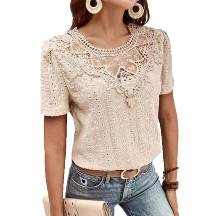 Lace Stitching Hollow Round Neck Solid Color Short Sleeve