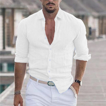 Men's Cotton And Linen Lapel Long Sleeve Solid Color Shirt