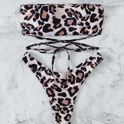 Leopard Print Bikini Bandeau Split Swimsuit