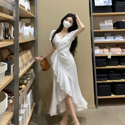 V-neck Dress Degrees Women's Waist Irregular Ruffled