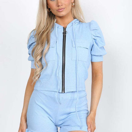 Front Pocket Zip Up Suit Ribbed Hooded Lounge Wear Short Set