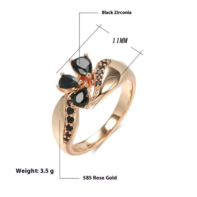 French Luxury Black Zircon Floral Women's Ring