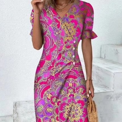 Printed Collage V-neck Irregular Hem Dress