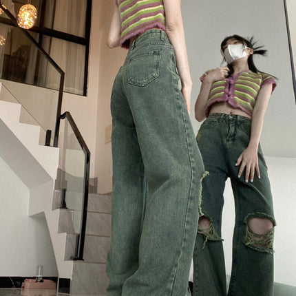 American Dark Green Torn Jeans With Wide Leg Pants For Women