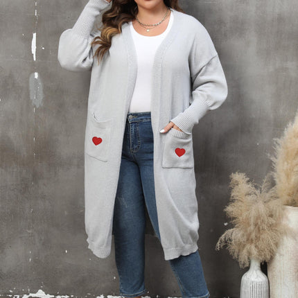Women's Plus Size Mid-length Woven Love Double Pocket Lantern Sleeve Sweater Cardigan
