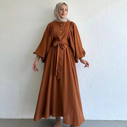 Muslim Fashion Suit Bishop Sleeves Top Swing Mid-length Dress Set