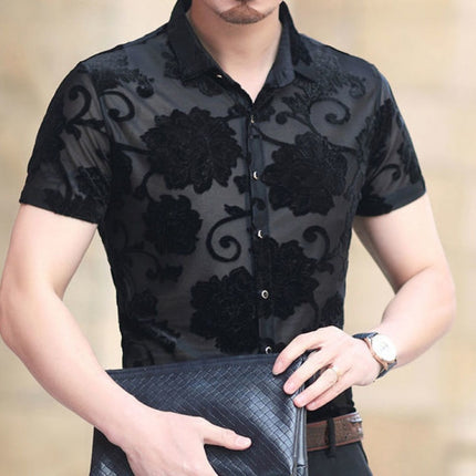 Short Sleeve Hollow Men's Shirt Flocking Embroidered Shirt