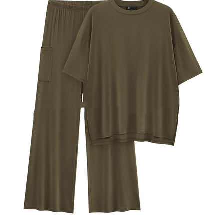 Casual Short Sleeve Pullover Top Wide Leg Pants Casual Suit