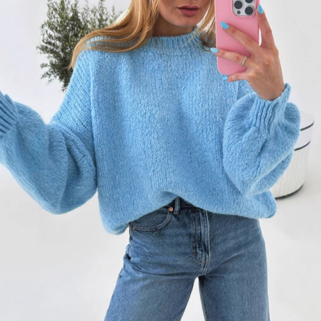 Round Neck Pullover Solid Color Sweater