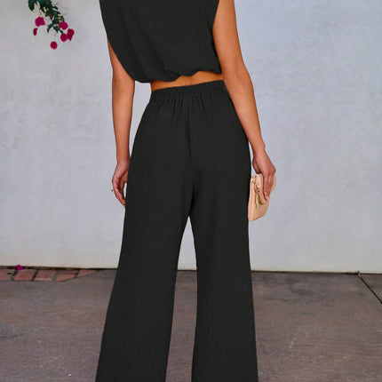 Women Solid Color Sleeveless Top And Long Pants 2-Piece Set For Vacation