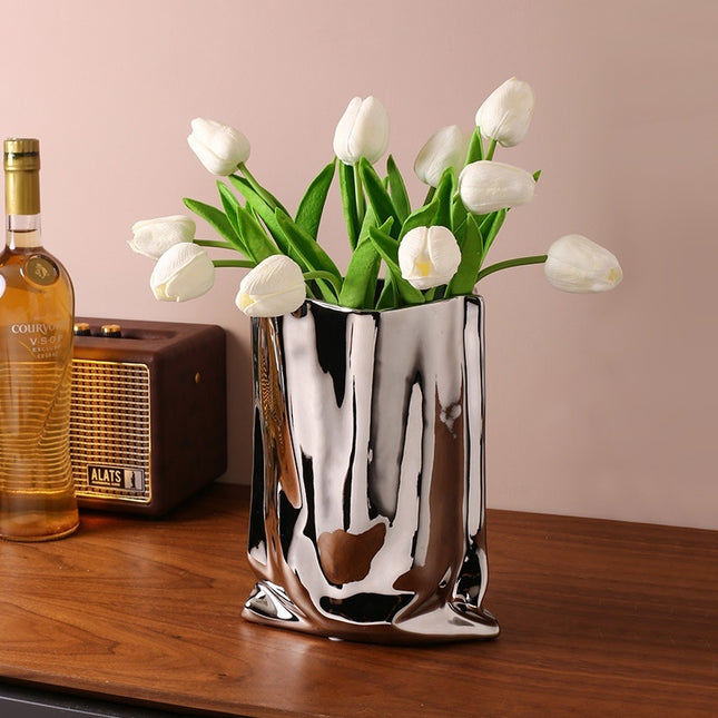 Ceramic Vase Silver-plated Simple Living Room Paper Bag Flower Arrangement