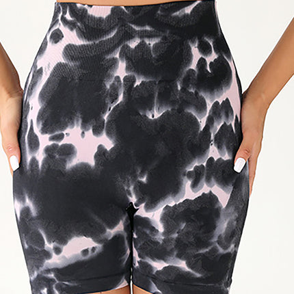 High Waist Tummy Control Yoga Shorts For Women, Tie-Dye Ruched Booty Lifting Workout Fitness Shorts, Hip Lifting Sports Activewear, Gym Exercise Running Shorts