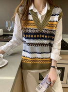 Retro V-neck Rhombus Vest Women's Knitted Jacquard Sleeveless Sweater