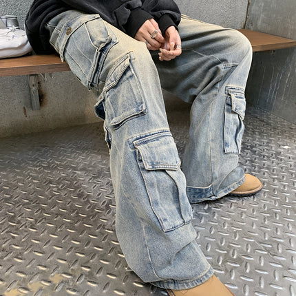 Street Work Design Jeans Pocket Stitching Wide-leg Pants Women