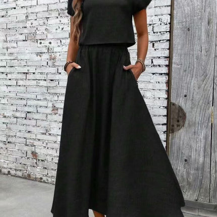 2 Piece Set Women's Solid Color Short Sleeve Top And Casual A- Line Dress Suit