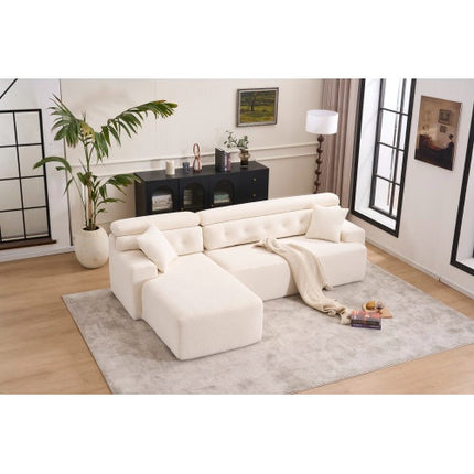 LY-029B WHITE COMPRESSION SOFA Combining Chaise Longue With 3-seater  Wood Grain Chenille Fabric, Full Sponge Compression Sofa,combined Sofa With 2 Pillows For Living Home Furniture