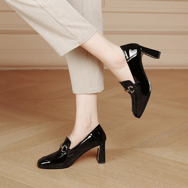 Green Patent Leather Chunky Heel Square Toe Slip-on Women's Shoes