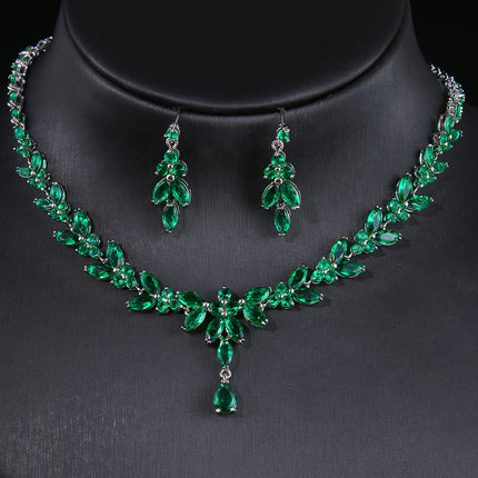 Elegant Long Horse Eye Water Drop Zircon White Gold Necklace Earrings Jewelry Suit