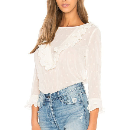 Feitong Women Ladies Blouses And Tops Casual Ruffles Lace Polka Dot O Neck Shirt Long Sleeve Blouse blusas mujer de moda