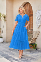 V-neck Hollow Pleated Short Sleeves Long Dress