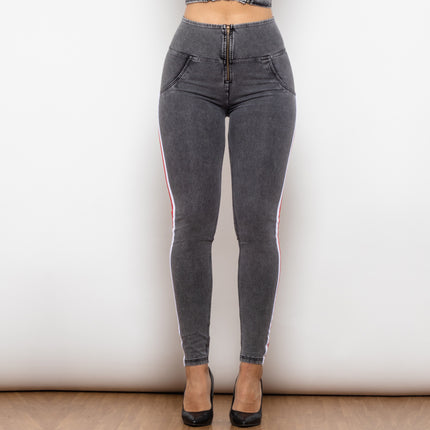Shascullfites Melody High Waist Dark Thread Grey Jeans With Stripe Jeans Bum Lift Pants Shaping Jeggings Women Pants
