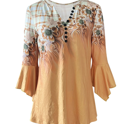 Spring And Autumn New Printed Spike Button Irregular Three-quarter Sleeve T-shirt Casual Top Yellow