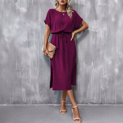 Women's Solid Color Reverse Sleeve Flat Short Sleeve Crew Neck Split Dress