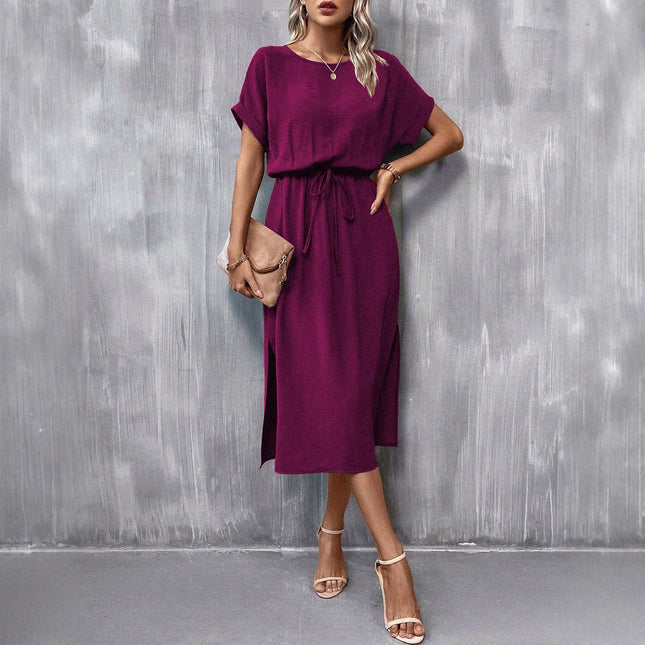 Women's Solid Color Reverse Sleeve Flat Short Sleeve Crew Neck Split Dress