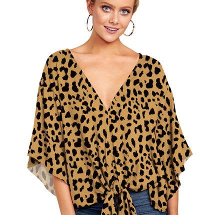 New V Neck Blouse Women Leopard Print Shirts Floral Tie Front Blouses Batwing Summer Oversize Ladies Tops