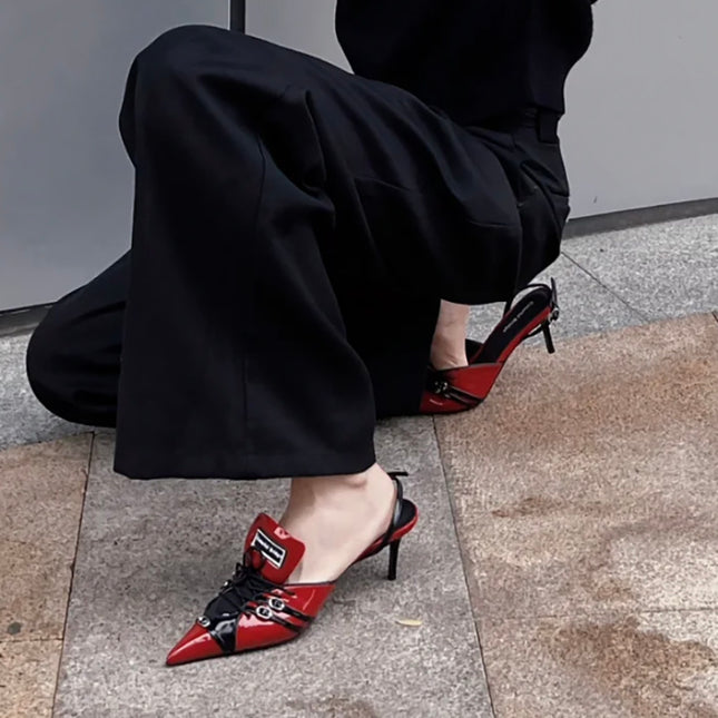 Retro Pointed Stiletto Heel Hollow Patent Leather Sandals For Women