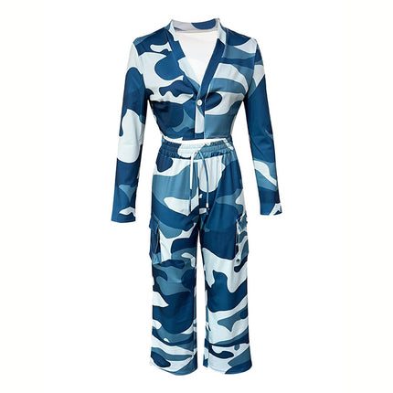 Women's Camouflage Print 2-Piece Set, V-Neck Single Button Crop Top & Drawstring Cargo Pants For Spring Fall