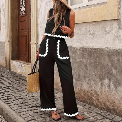 Women's Casual Square Neck Sleeveless Short Top And Straight Leg Pants Set