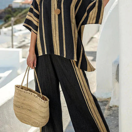 Summer Striped Suits Loose Batwing Sleeve T-shirt And Solid Straight-leg Pants