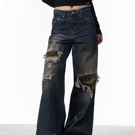 Distressed Camouflage Patch Ripped Jeans Women Loose Straight-leg Wide-leg Pants