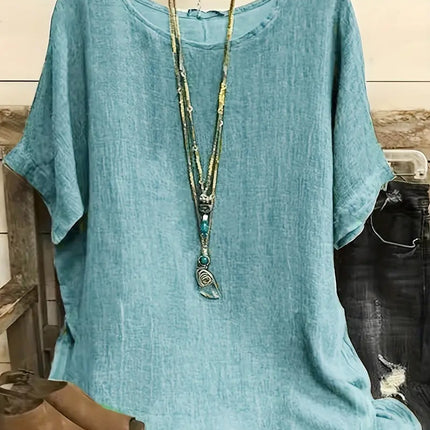 Women Fashion Casual Shirts Solid Color 3 4 Sleeve Round Neck Blouses Summer Loose Tops Streetwear