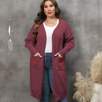 Women's Plus Size Mid-length Woven Love Double Pocket Lantern Sleeve Sweater Cardigan