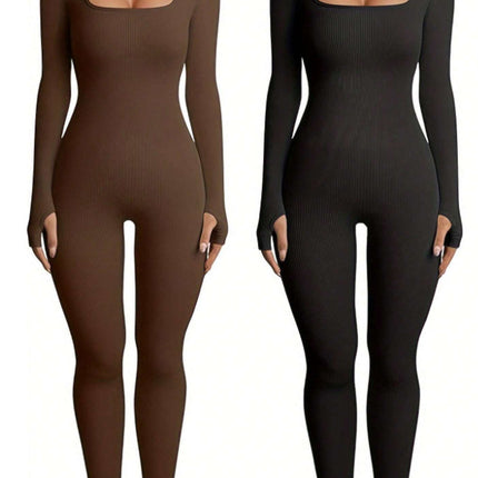 Women's Yoga Sports Fitness Jumpsuit Workout Long Sleeve Square Collar Clothing