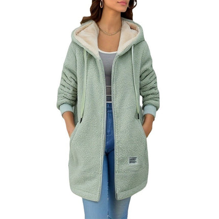 Winter Fleece Hooded Jacket Fashion Casual Zip-up Pockets Long Sweatshirt Warm Commuter Women's Clothing