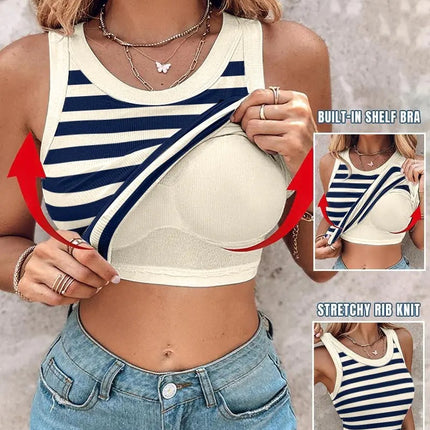 Slim Striped Vest With Bralette Ins Fashion Round Neck Sleeveless Tank Tops For Women Clothing