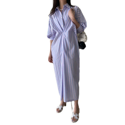 Contrast Color Striped Pleated Design Loose Casual Long Sleeves Shirt Dress